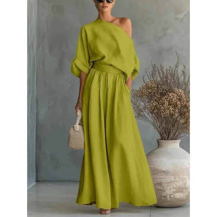 Lisa | Cozy Off-Shoulder Top with Tapered Trousers Ensemble