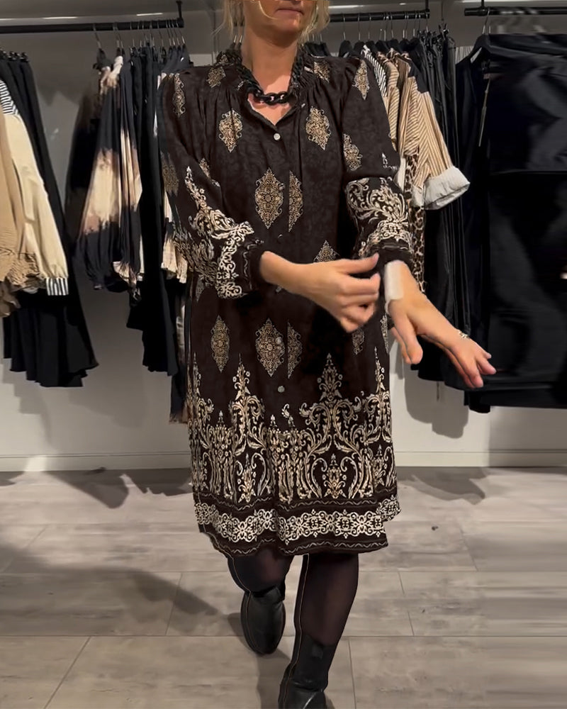 Ilse | Women's Long Sleeve Knee-Length Vintage-Inspired Dress with Button Placket and Buttons