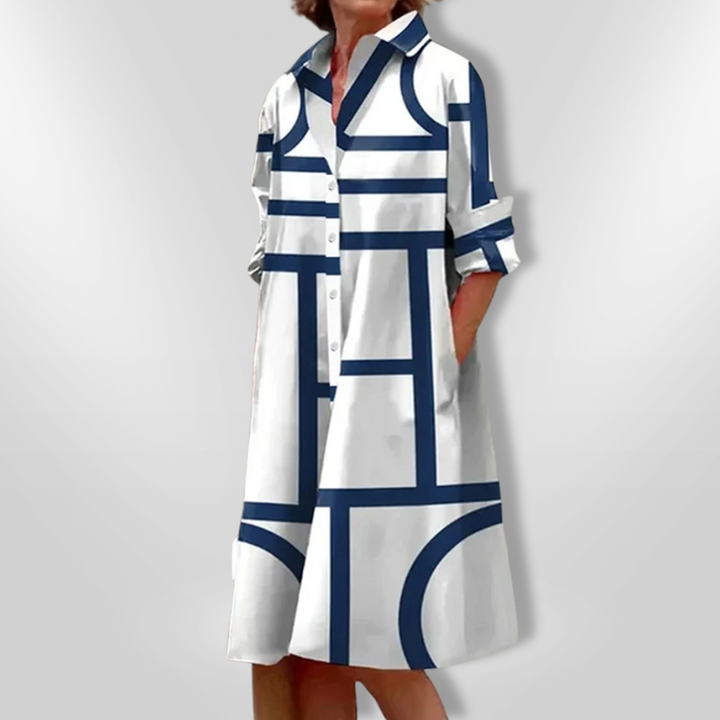 Helena | Women's 3/4 Sleeve Geometric Patterned Midi Dress with Buttons