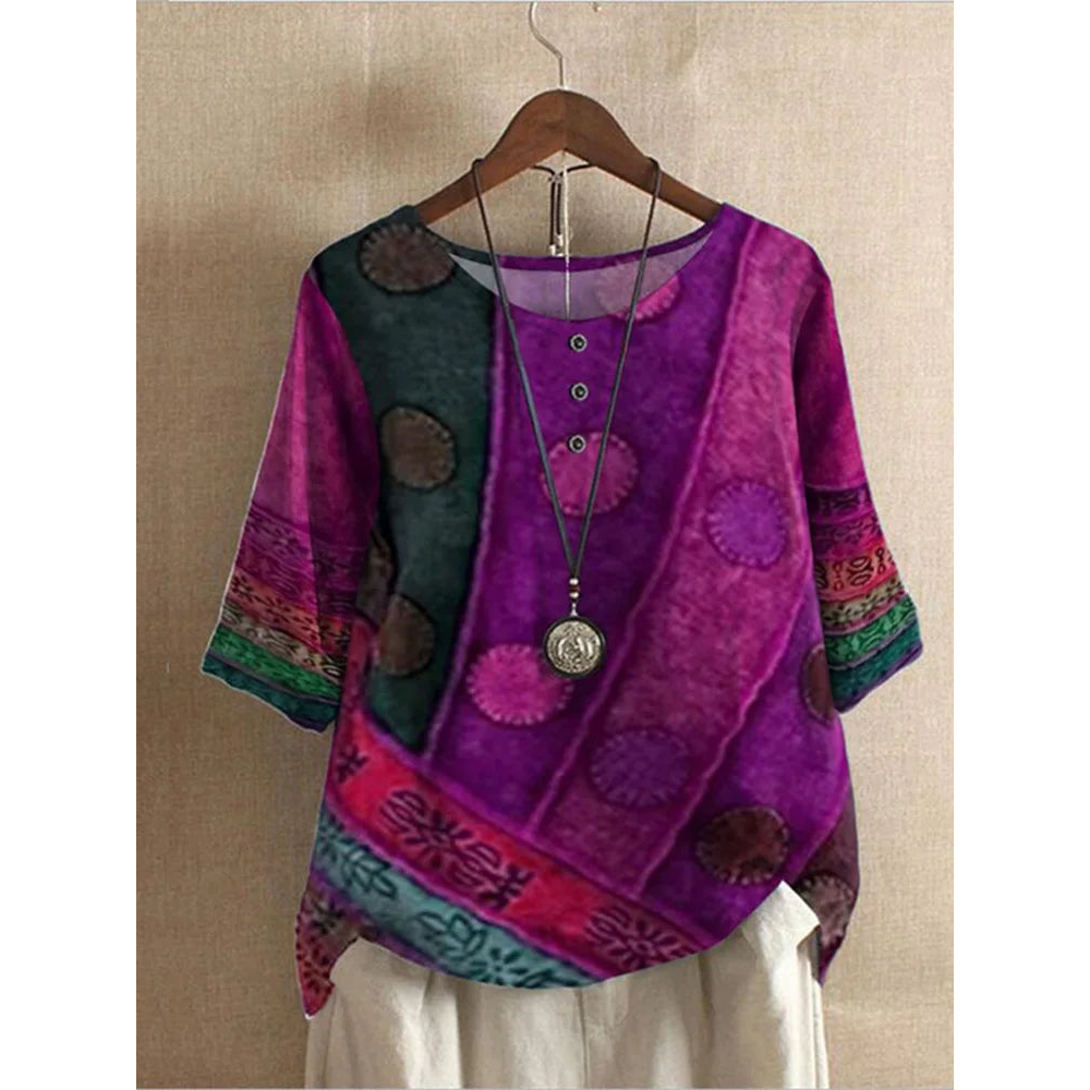 Valarie | Women's Short Sleeve Colorful Bohemian Top with Buttons