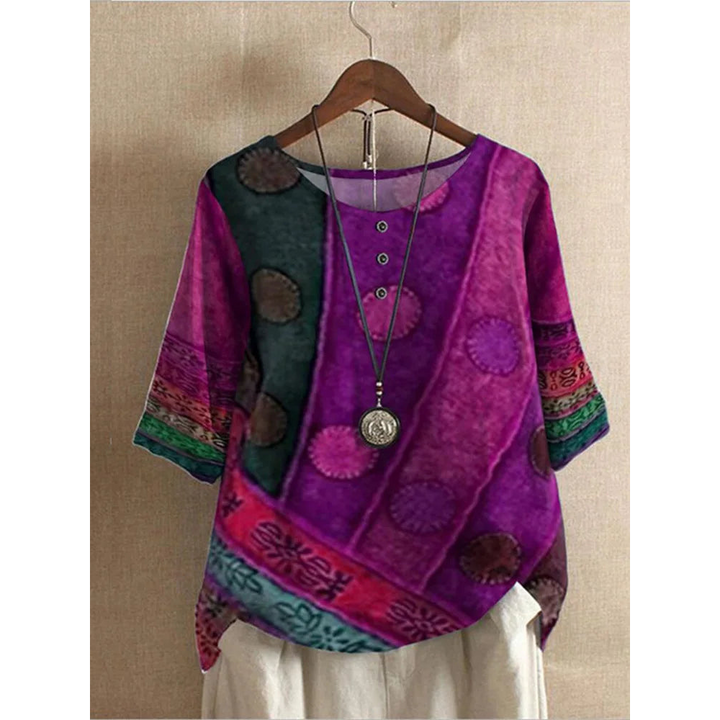 Valarie | Women's Short Sleeve Colorful Bohemian Top with Buttons