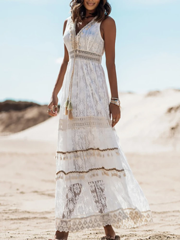 Emerson | Women's Vintage Tassel Drawstring Boho Dress