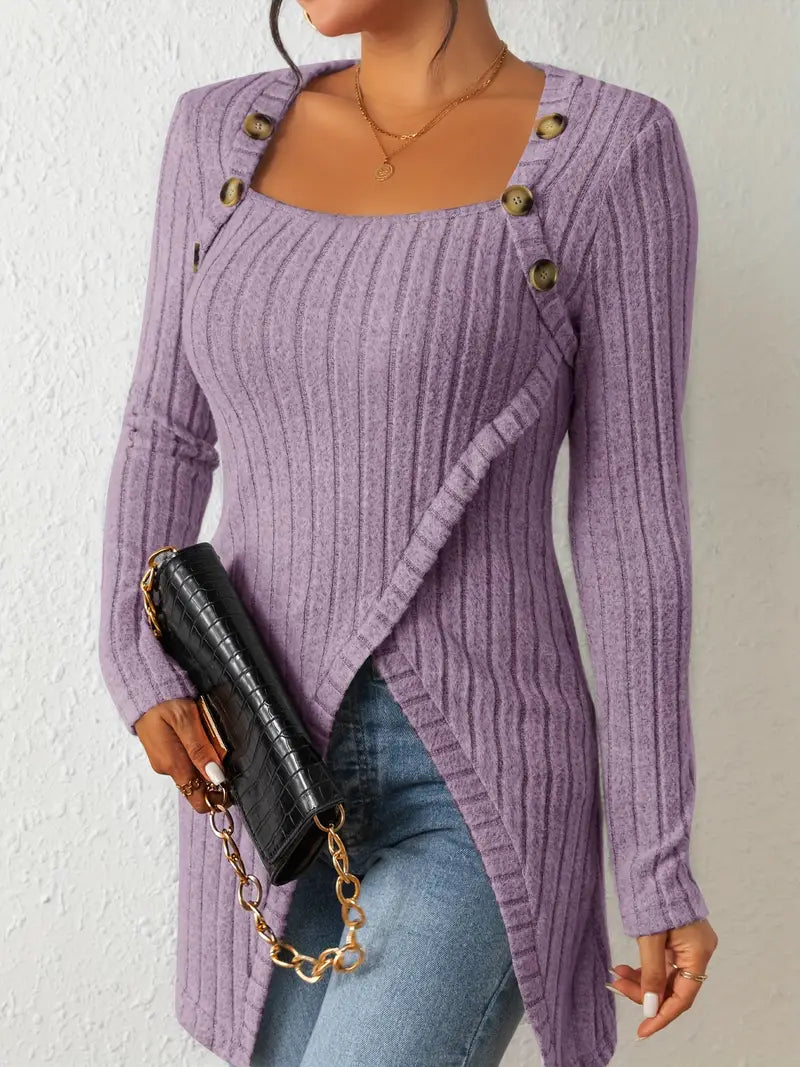 Julia | Women's Long Sleeve Square Neck Asymmetrical Top with Buttons