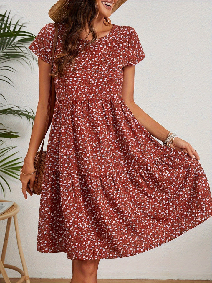 Valeria | Women's Short Sleeve Round Neck Mini Vintage Floral Dress
