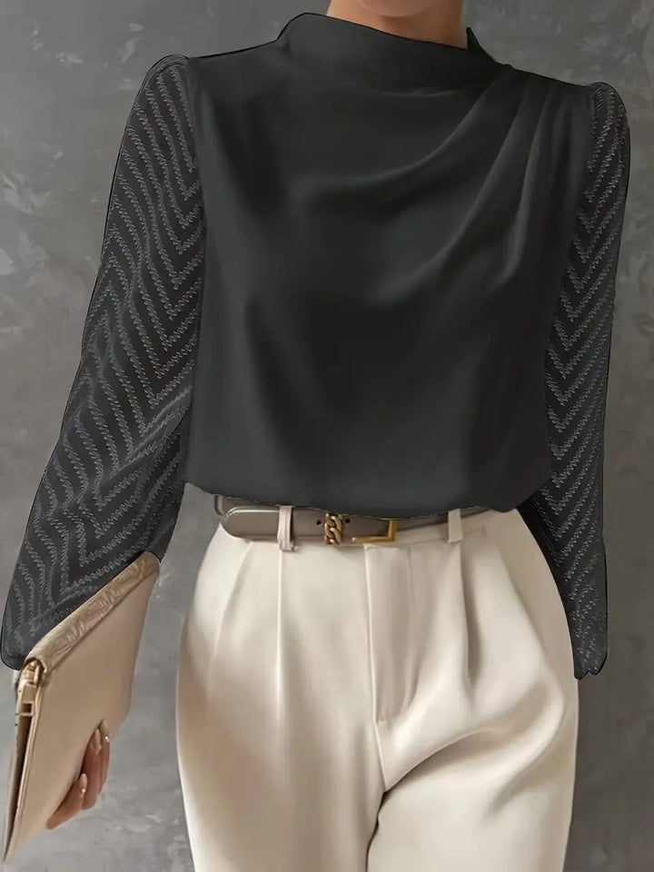 Samanta® | Blouse Featuring Illusion Sleeves and Ruched Mocha Neckline