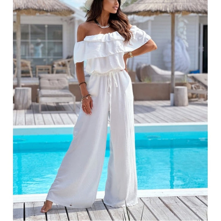 Women's Off-Shoulder Wide-Leg Jumpsuit with Ruffle and Drawstring
