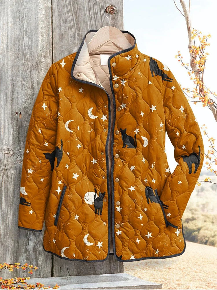 Women's Night Sky Cat Print Quilted Jacket