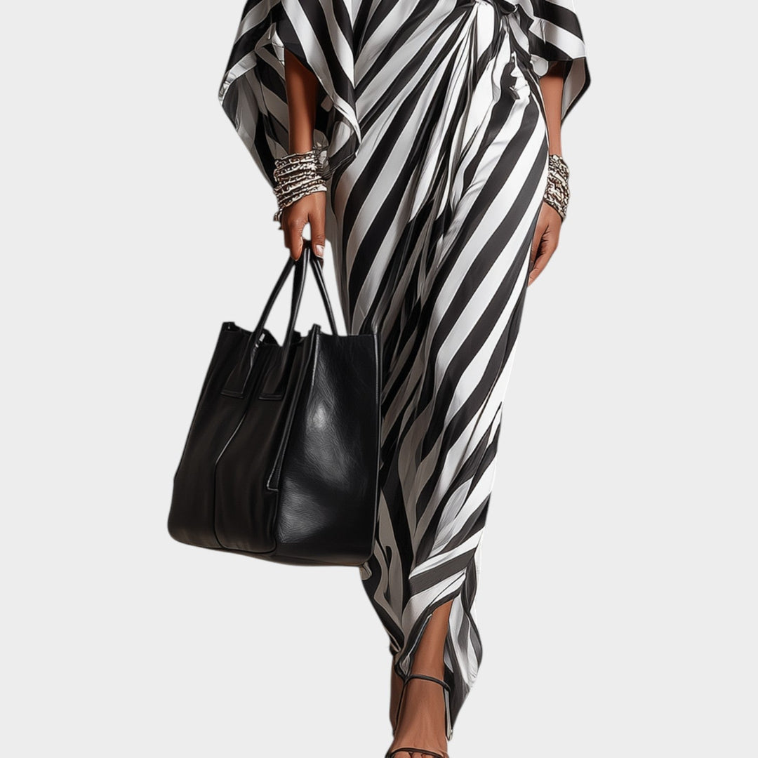Women's Off-Shoulder Striped Maxi Dress with Tie Waist