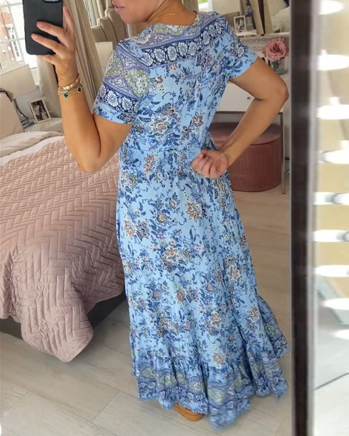 Ellie | Women's Mini Elegant Floral V-Neck Pleated Hem Dress