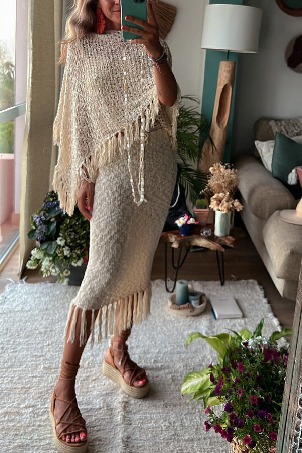 Sunset Breeze Tassel Knit Cover-Up with Hollow-Out Design