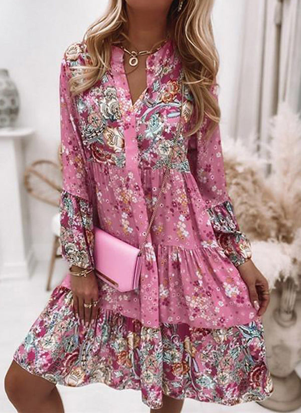V-Neck Floral A-Line Dress with 3/4 Sleeves, Above Knee Length
