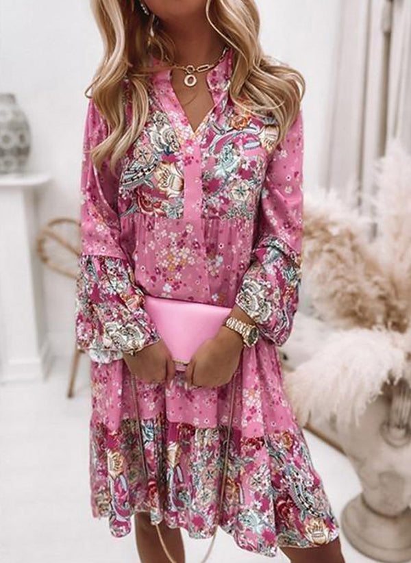 V-Neck Floral A-Line Dress with 3/4 Sleeves, Above Knee Length