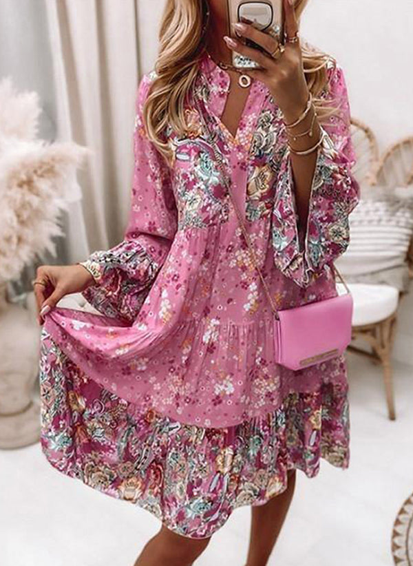 V-Neck Floral A-Line Dress with 3/4 Sleeves, Above Knee Length