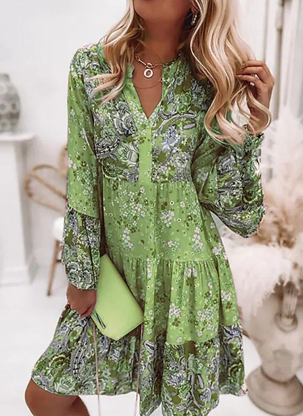 V-Neck Floral A-Line Dress with 3/4 Sleeves, Above Knee Length