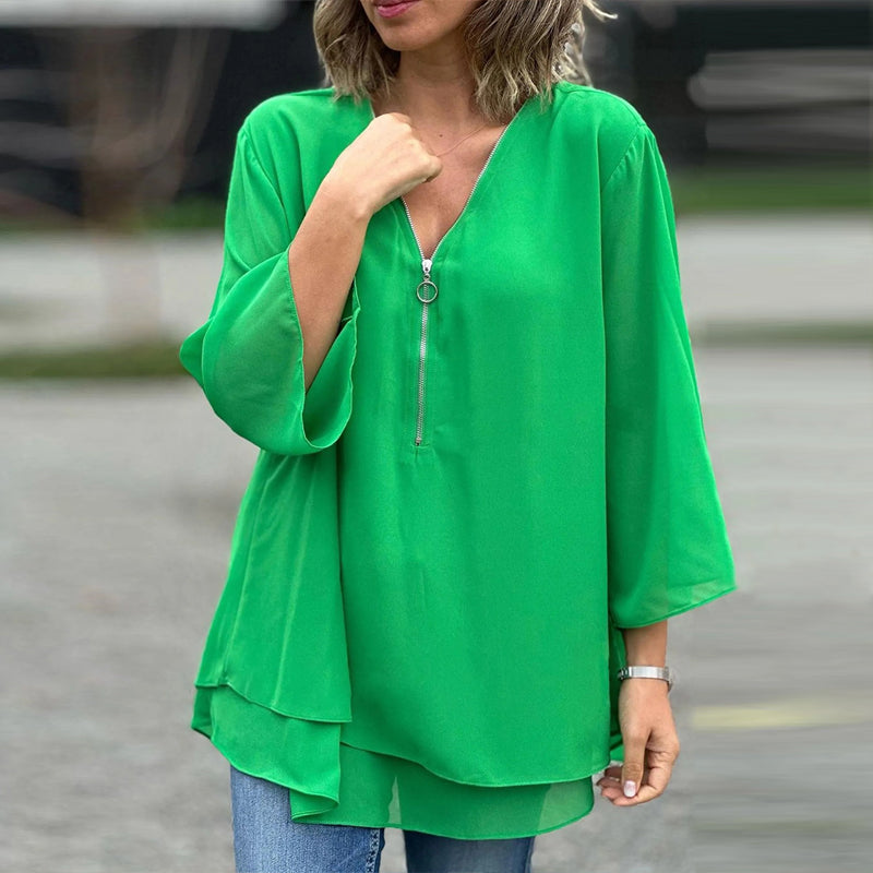 Heidi™ | V-Neck Flowy Zipped Top