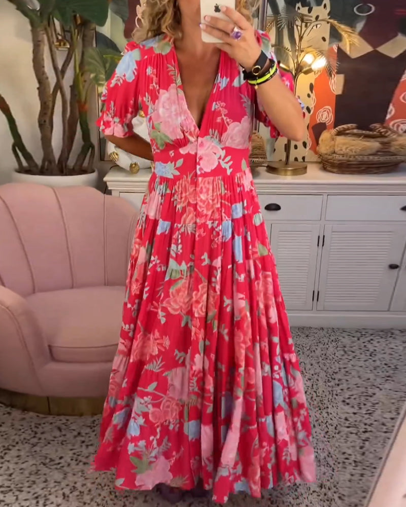 Catrisa™ | Floral Print V-neck Pocket Dress