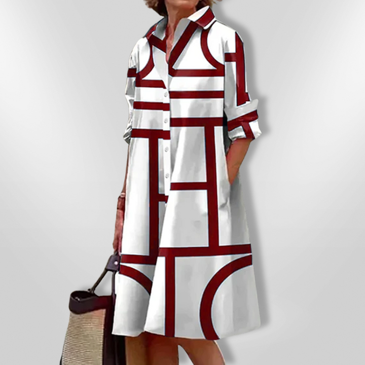 Helena | Women's 3/4 Sleeve Geometric Patterned Midi Dress with Buttons