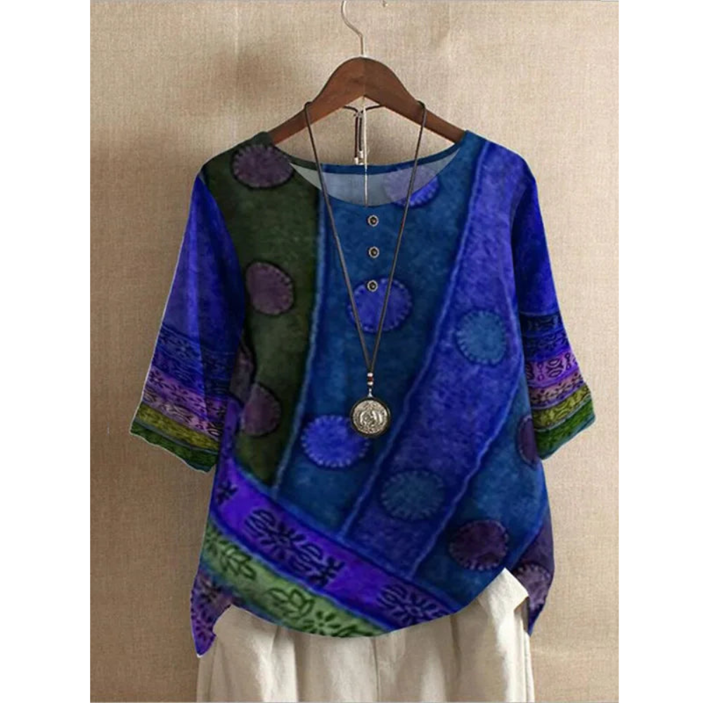 Valarie | Women's Short Sleeve Colorful Bohemian Top with Buttons