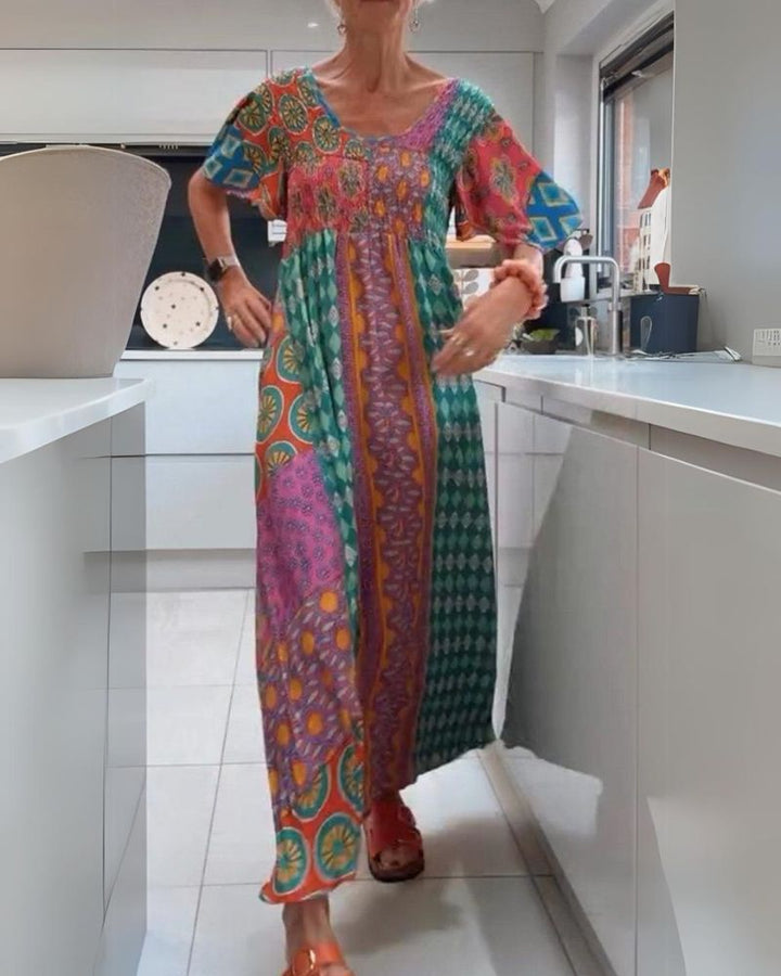 Melania | Women's Crew Neck Midi Colorful Bohemian Dress
