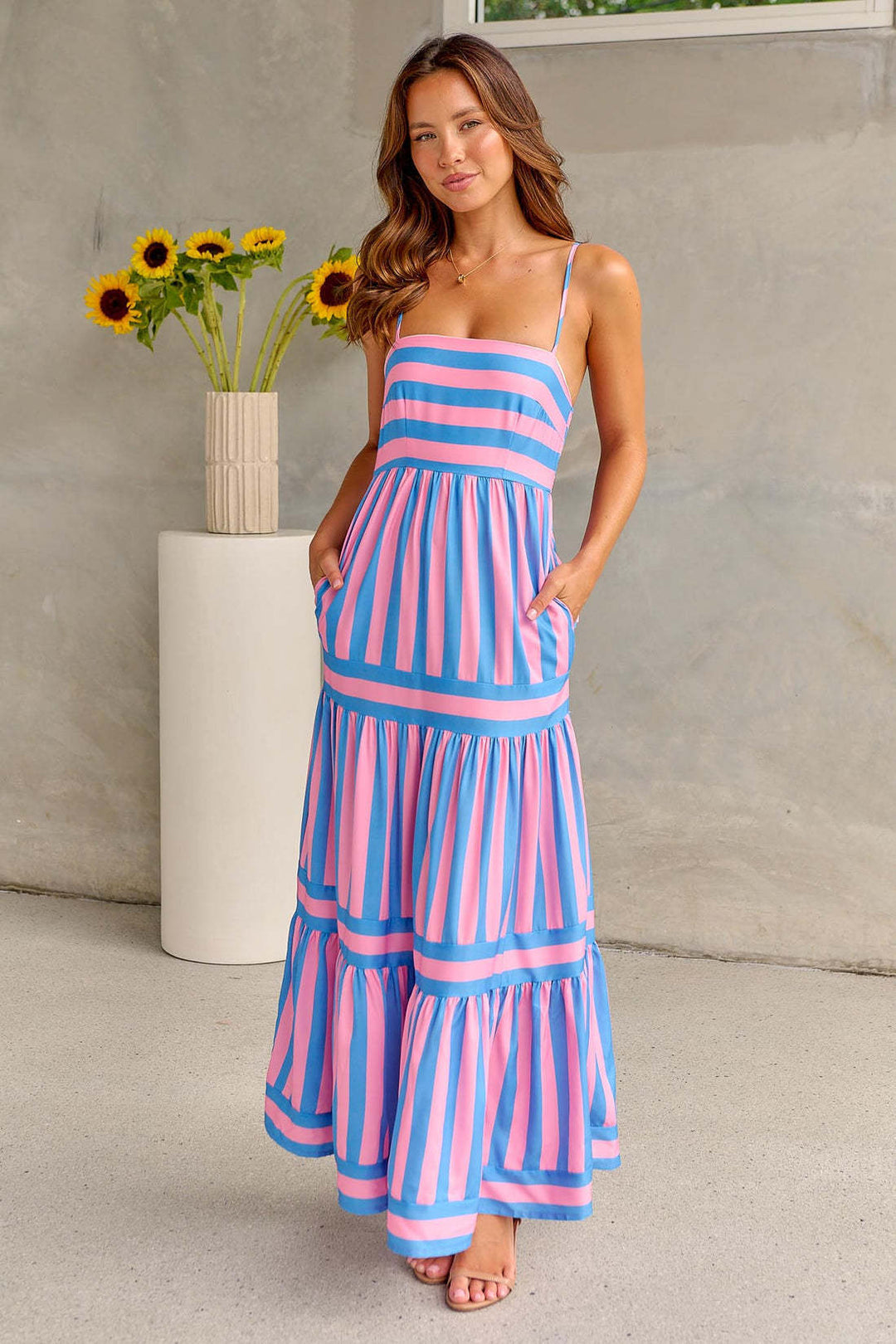 Marisol | Women's Square Neck Striped Maxi Dress with Straps and Pockets