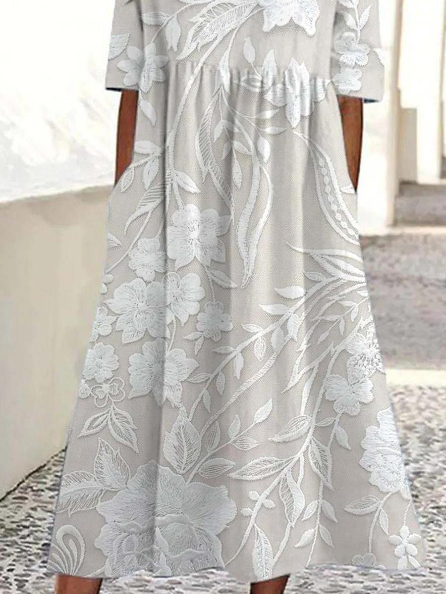 Dovie | Women's Round Neck Midi Long Floral Dress with 3/4 Sleeves and Pockets