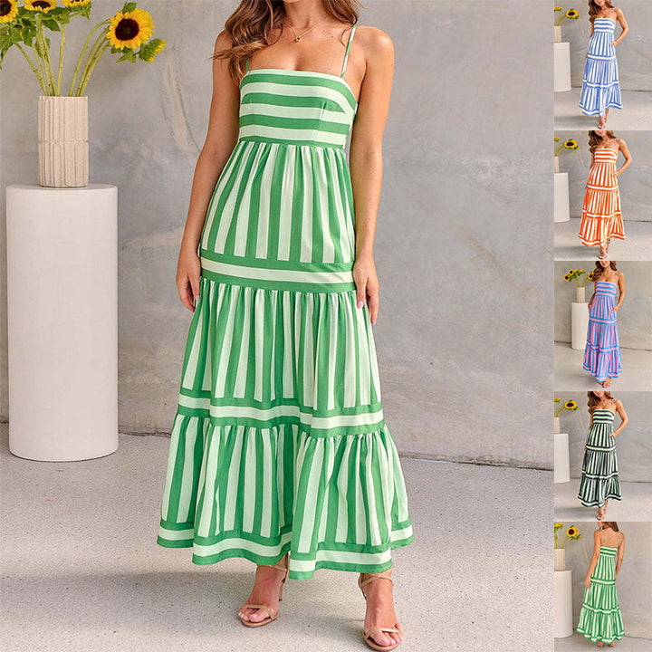 Marisol | Women's Square Neck Striped Maxi Dress with Straps and Pockets