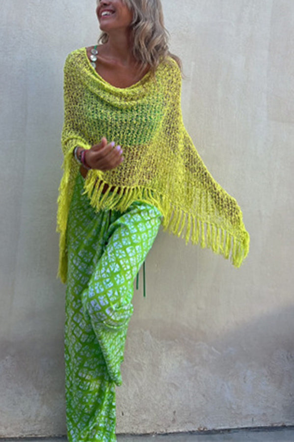 Sunset Breeze Tassel Knit Cover-Up with Hollow-Out Design