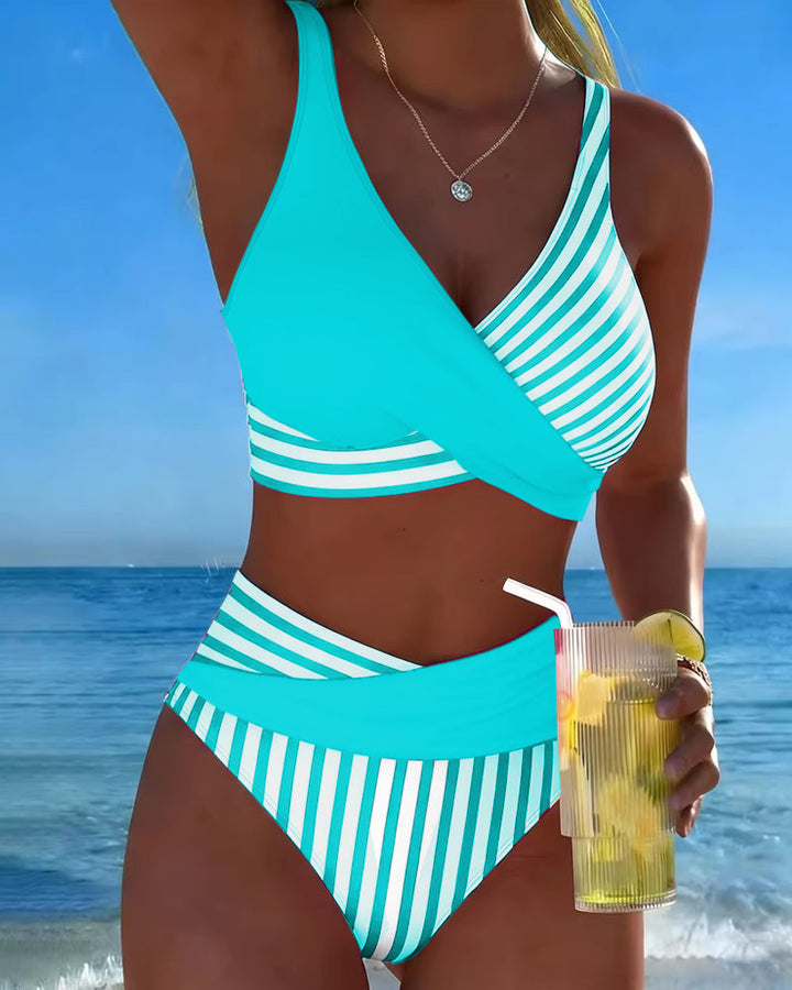 Giulia | Women's Striped V-Neck Bikini with High-Waisted Briefs