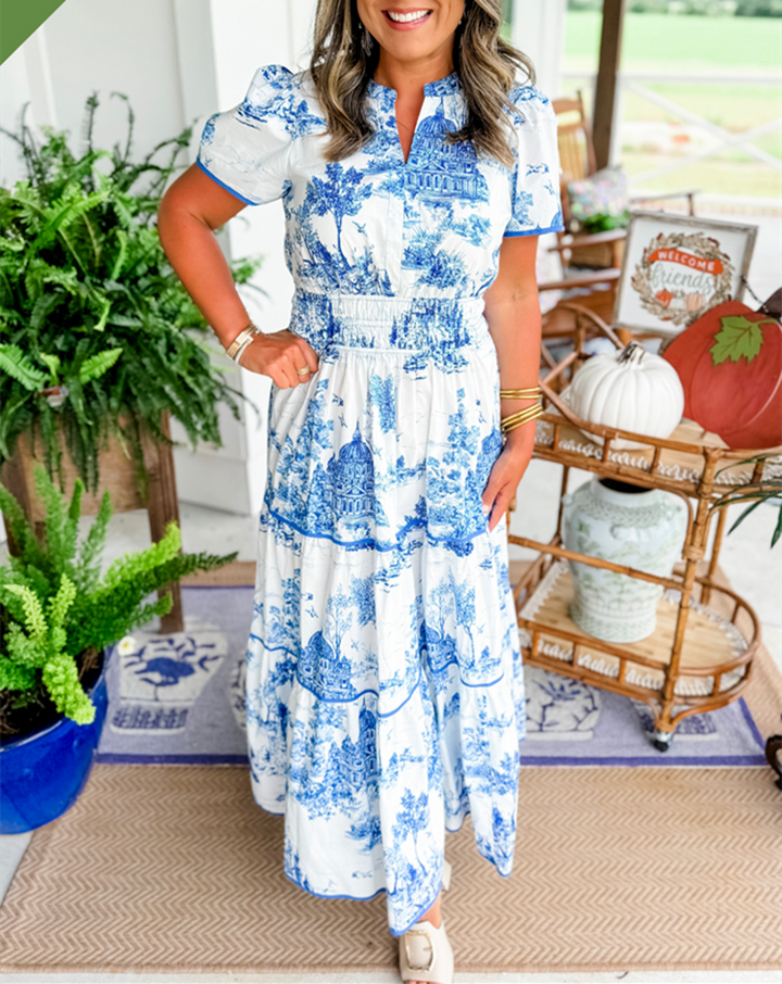 Eliza | Women's Short Sleeve V-Neck Classic Toile Maxi