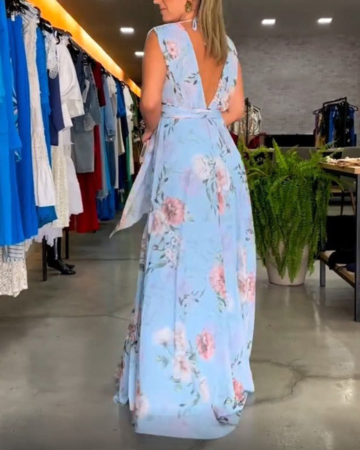 Gia | Women's V-Neck Mini Sleeveless Floral Split Hem Long Dress