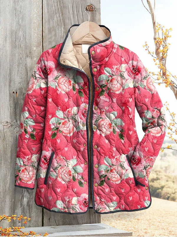 Ladies Charming Pink Floral Art Printed Casual Puffer Jacket