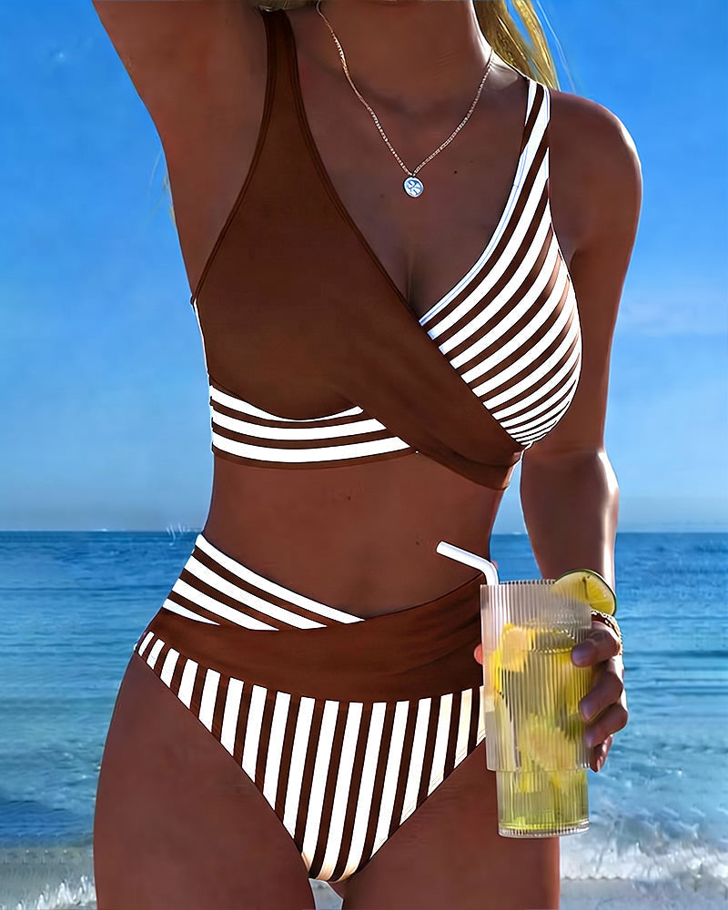 Giulia | Women's Striped V-Neck Bikini with High-Waisted Briefs