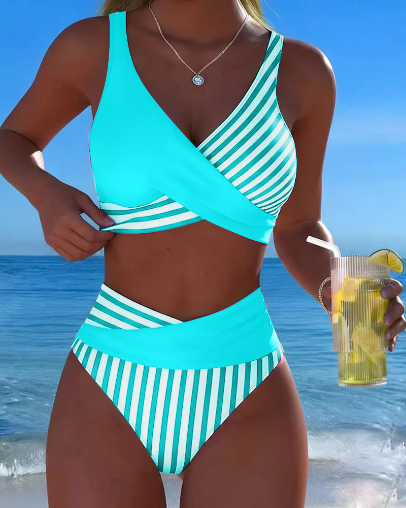 Giulia | Women's Striped V-Neck Bikini with High-Waisted Briefs