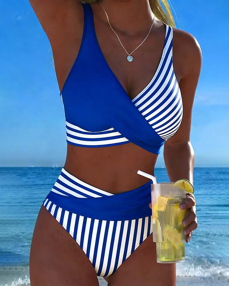 Giulia | Women's Striped V-Neck Bikini with High-Waisted Briefs