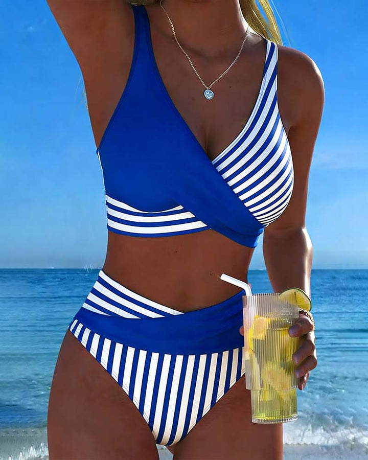 Giulia | Women's Striped V-Neck Bikini with High-Waisted Briefs