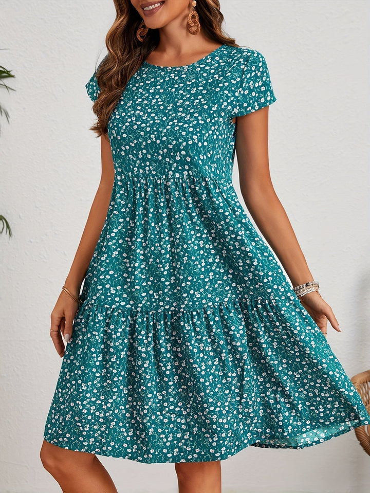 Valeria | Women's Short Sleeve Round Neck Mini Vintage Floral Dress