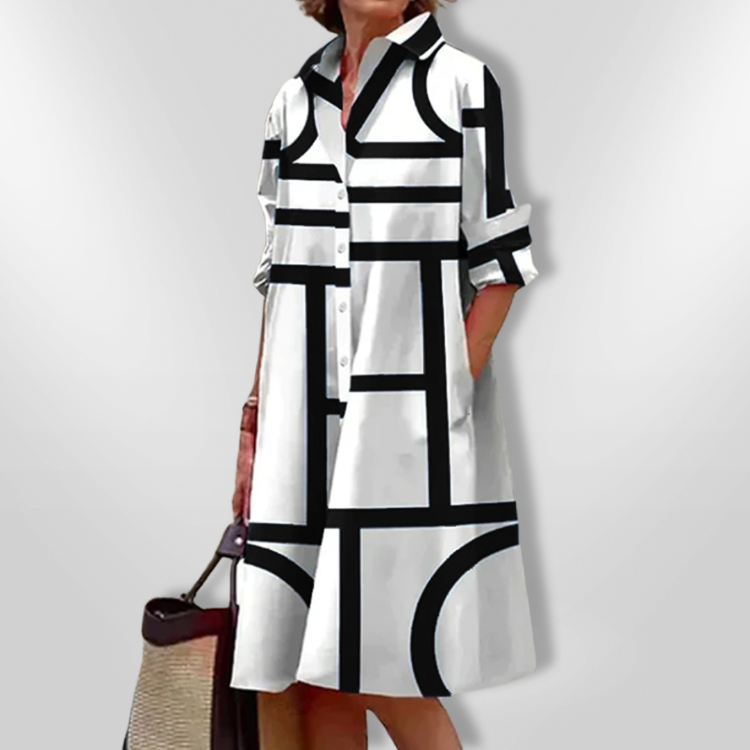 Helena | Women's 3/4 Sleeve Geometric Patterned Midi Dress with Buttons