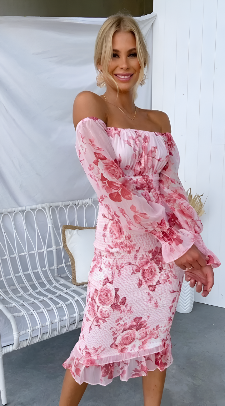 Nadia | Women's Off-the-Shoulder Floral Off Shoulder Smocked Waist Midi Dress
