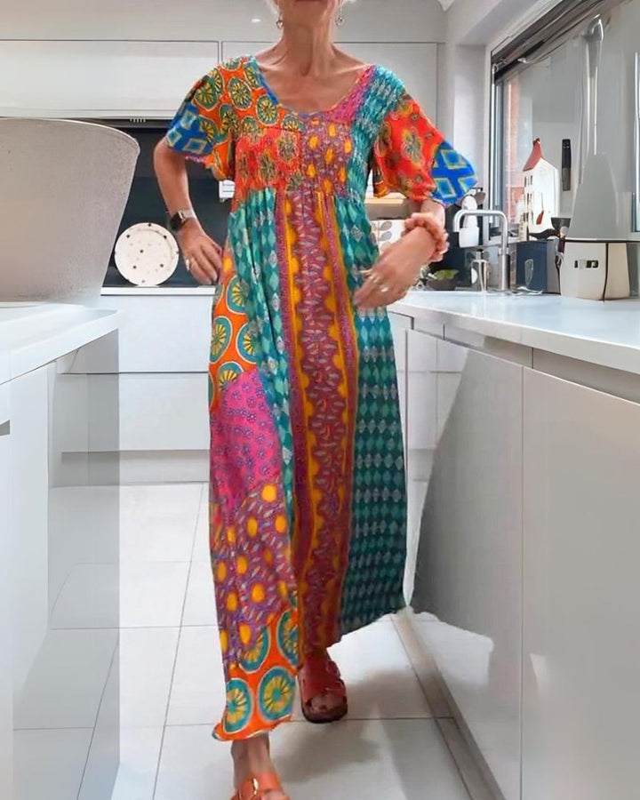 Melania | Women's Crew Neck Midi Colorful Bohemian Dress