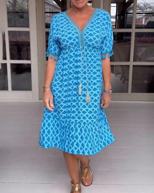 Aisha™ | Comfortable Loose Fit V-Neck Midi Dress