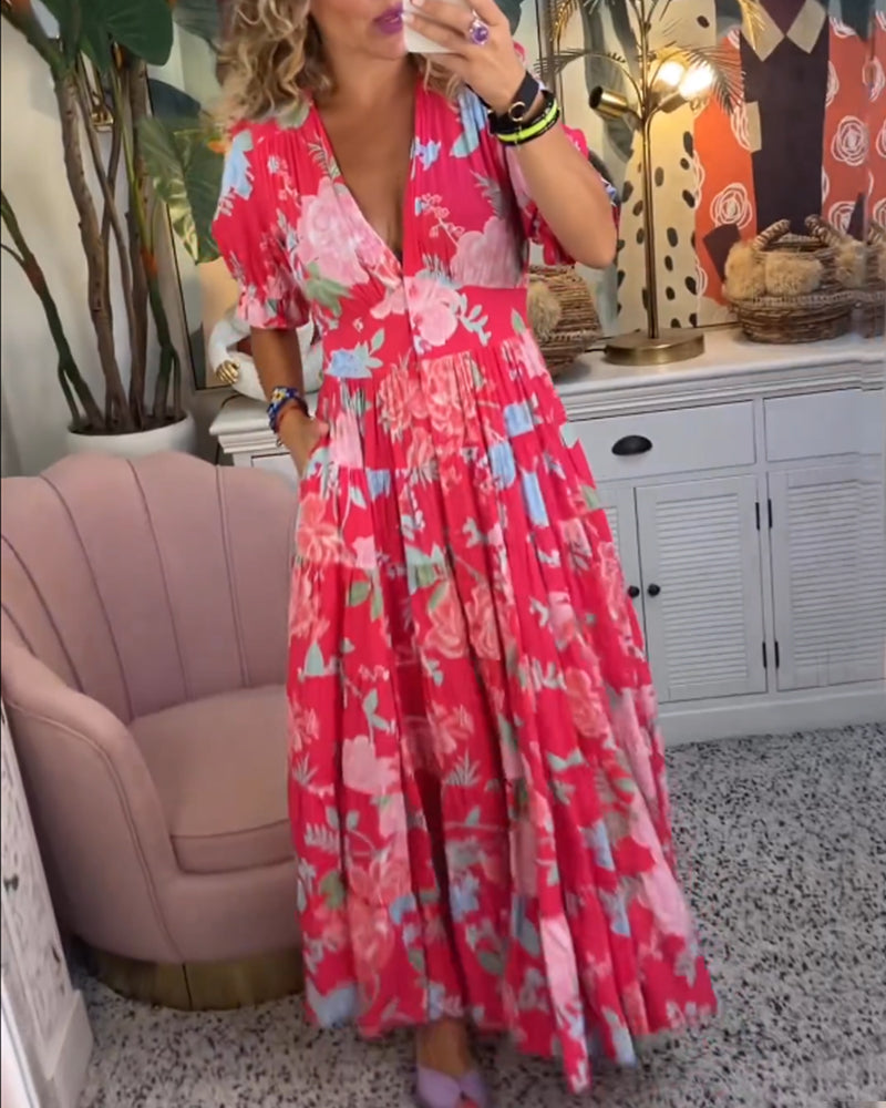 Catrisa™ | Floral Print V-neck Pocket Dress