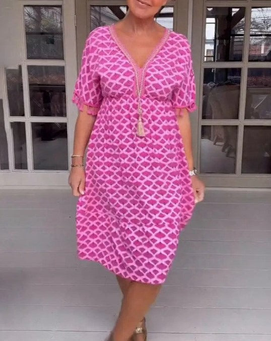 Aisha™ | Comfortable Loose Fit V-Neck Midi Dress