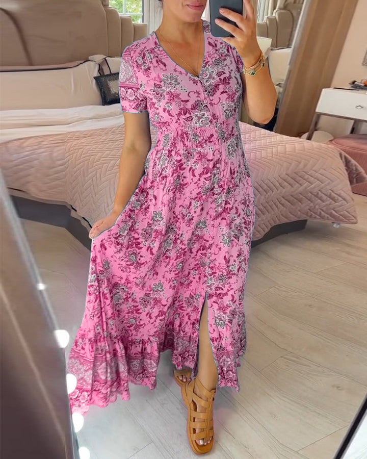 Ellie | Women's Mini Elegant Floral V-Neck Pleated Hem Dress