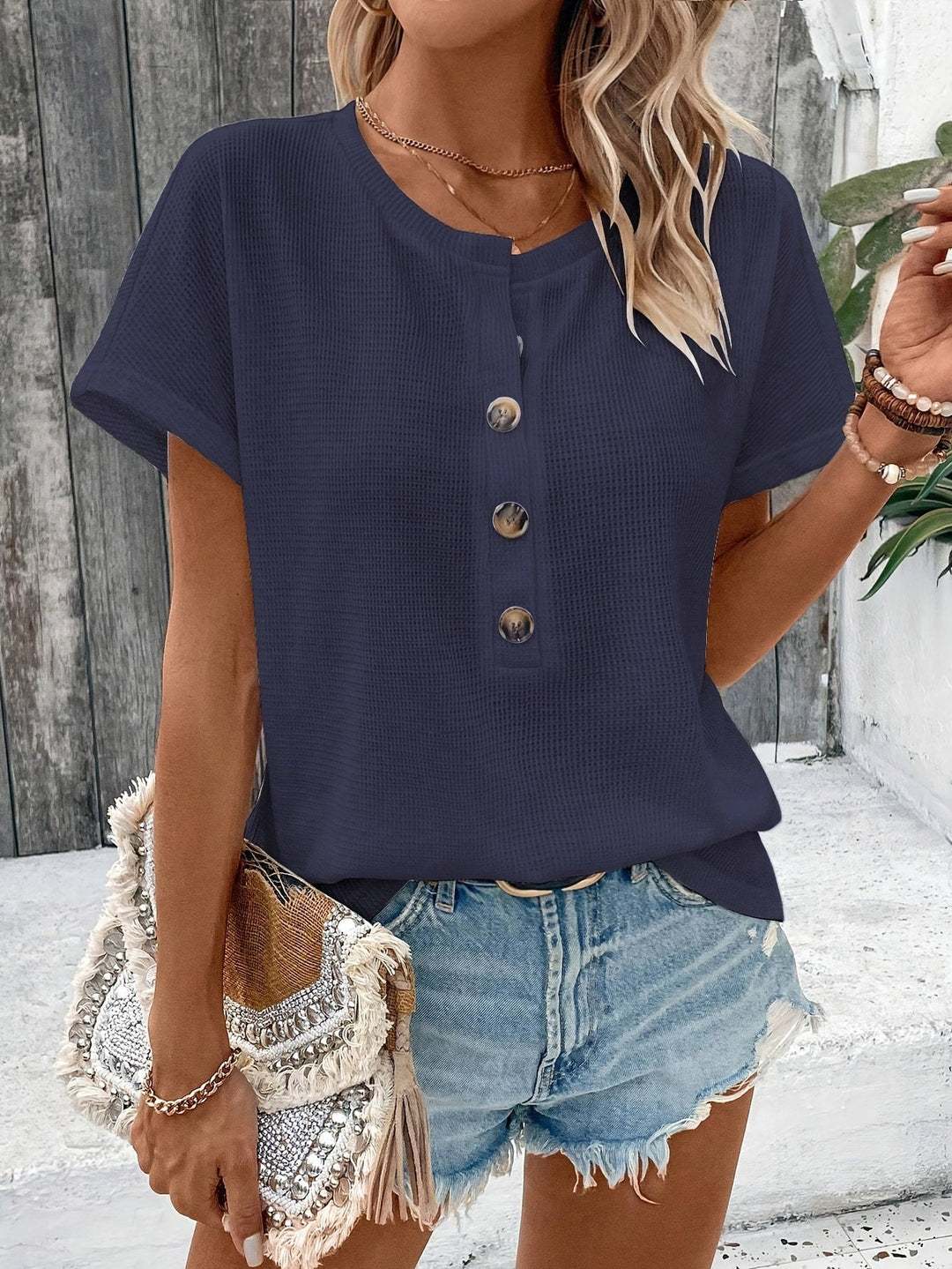 Freyja | Women's Chic Henley Neck T-Shirt with Buttons