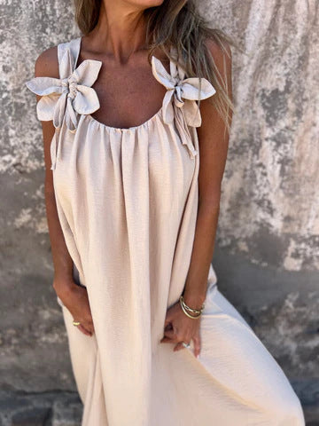 Floral Pattern Women's Dress with U-Shaped Neckline in Solid Color
