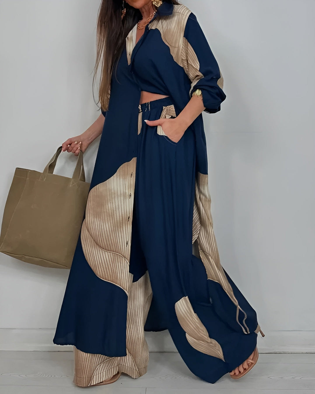 Skye - Trendy Patchwork Printed Top & Wide Leg Pants Set
