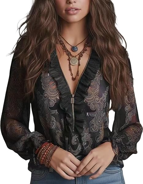 Elise | Ruffled Blouse Featuring Baroque Paisley Print
