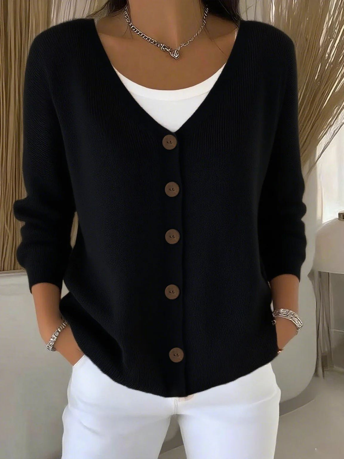 Olivia™ - Long Sleeve V-Neck Button Sweater