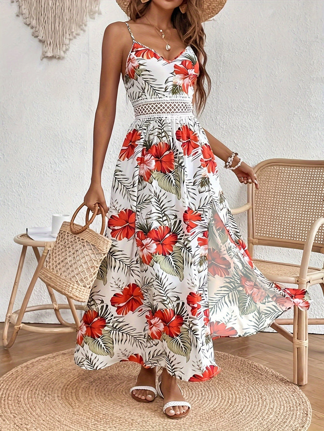 Maple | Women's Floral V-Neck Suspender Maxi Dres