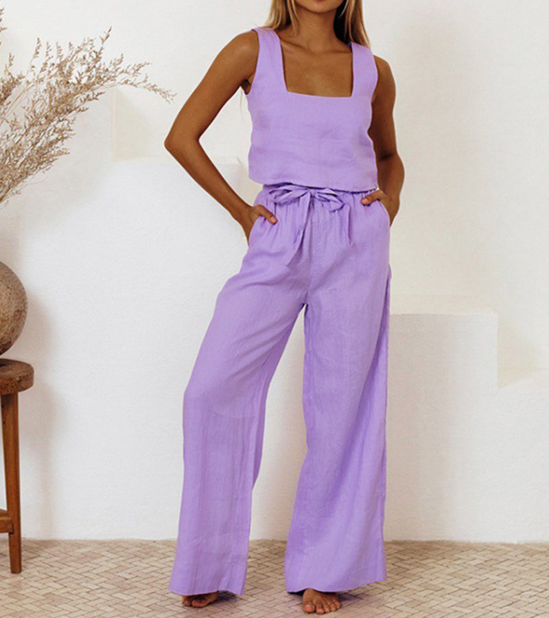 Milena | Women's Square Neck Minimalist Top and Wide-Leg Pants Set